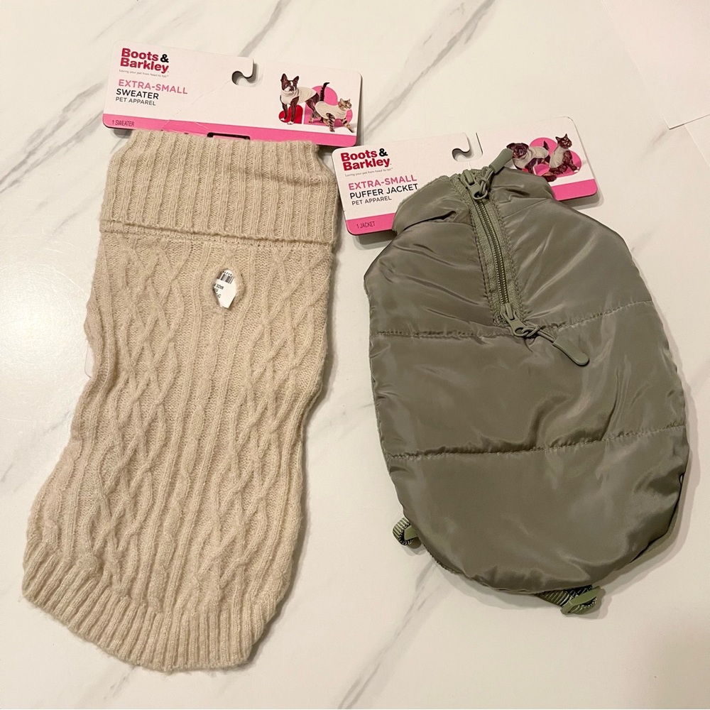 Boots and Barkley dog & cat pet puffer jacket knit sweater with buckle green XS